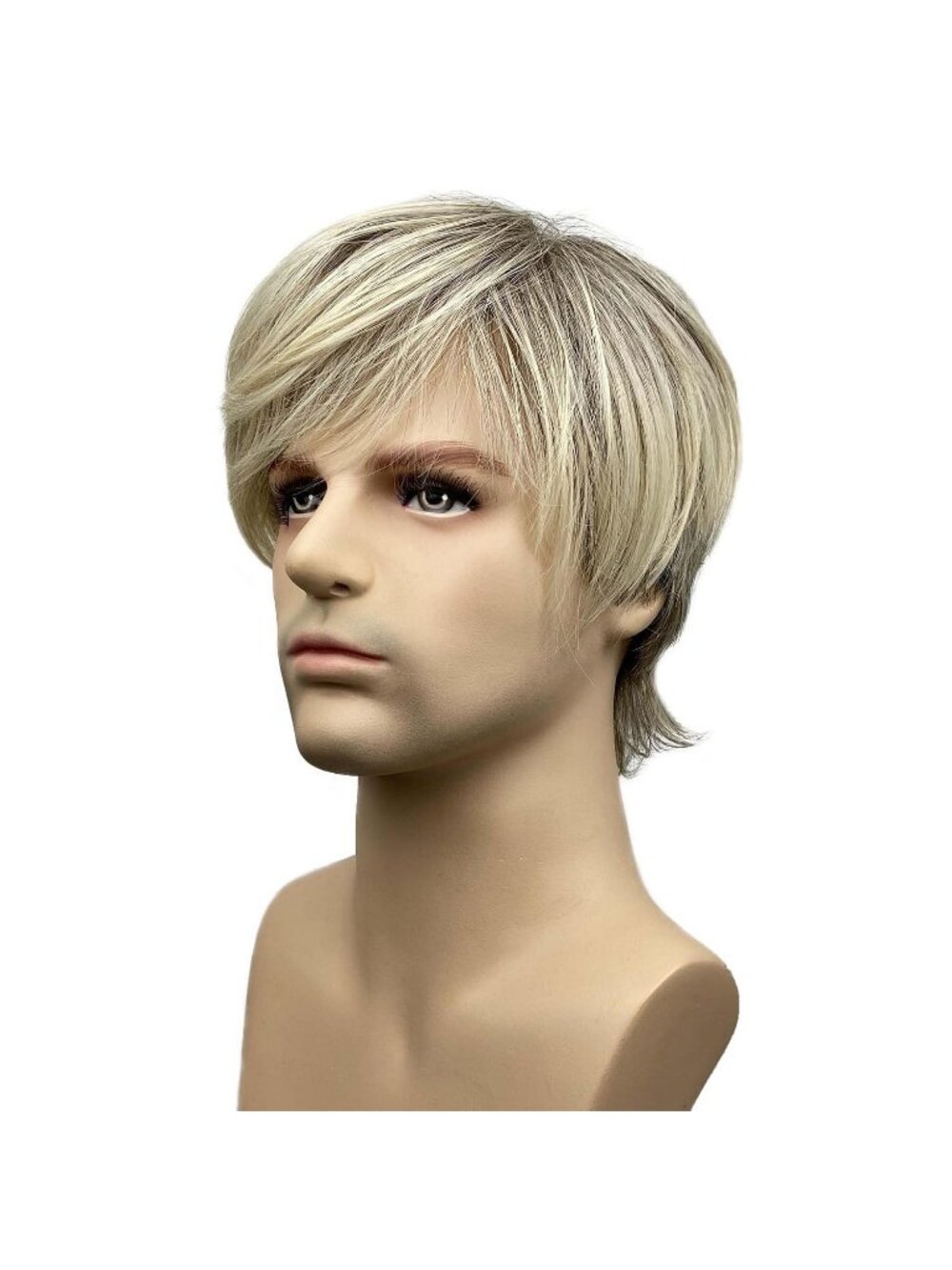 Mens Platinum Blonde Straight Layered Pixie Cut with Shaggy Long Bangs Anime Wig